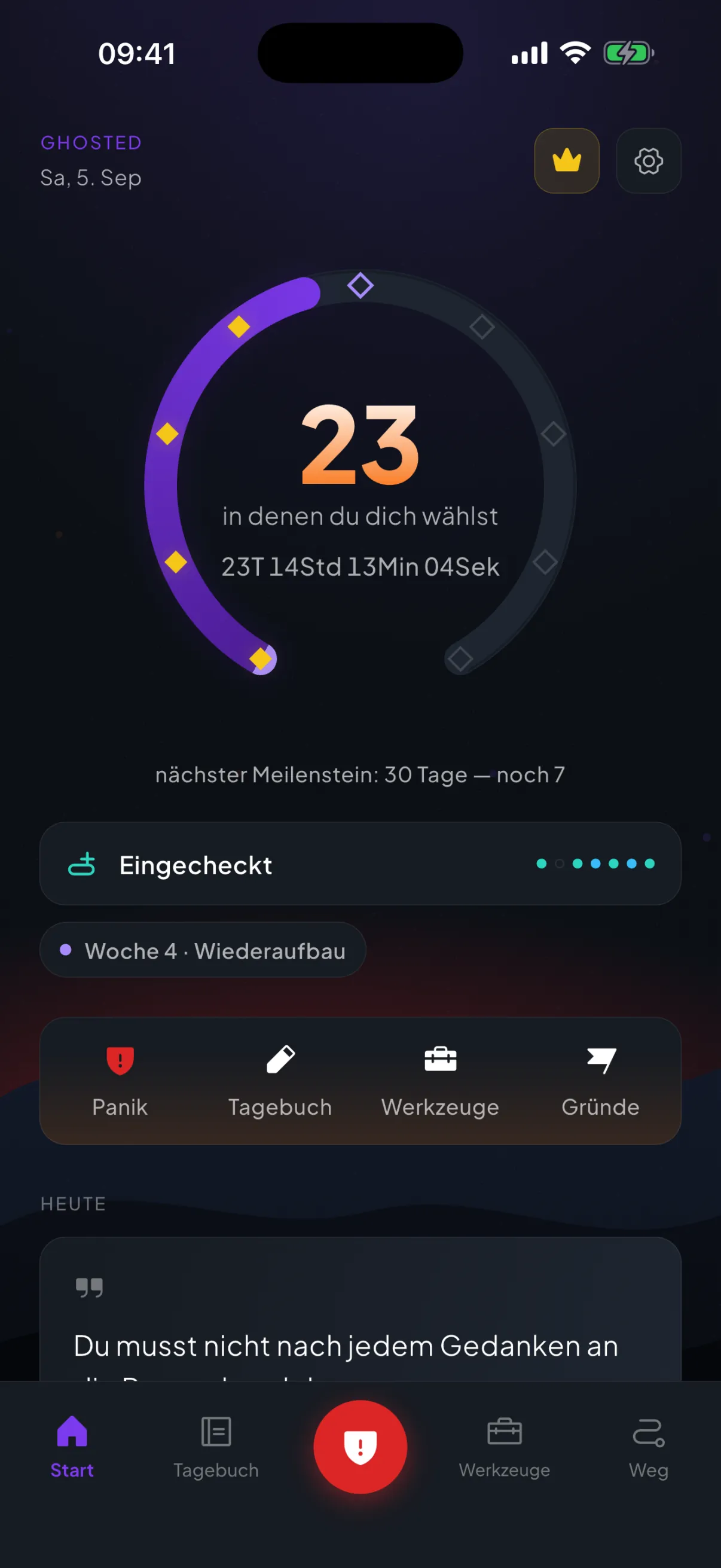 Der Startbildschirm von Ghosted bei Nacht: ein violetter Ring mit goldenen Meilenstein-Edelsteinen um einen leuchtenden Tag 23, darunter ein laufender Zähler, eine Reihe mit dem eingecheckten Stimmungswert und ein glühender Horizont tief hinter der Leiste mit Panik, Tagebuch, Werkzeuge und Gründe.