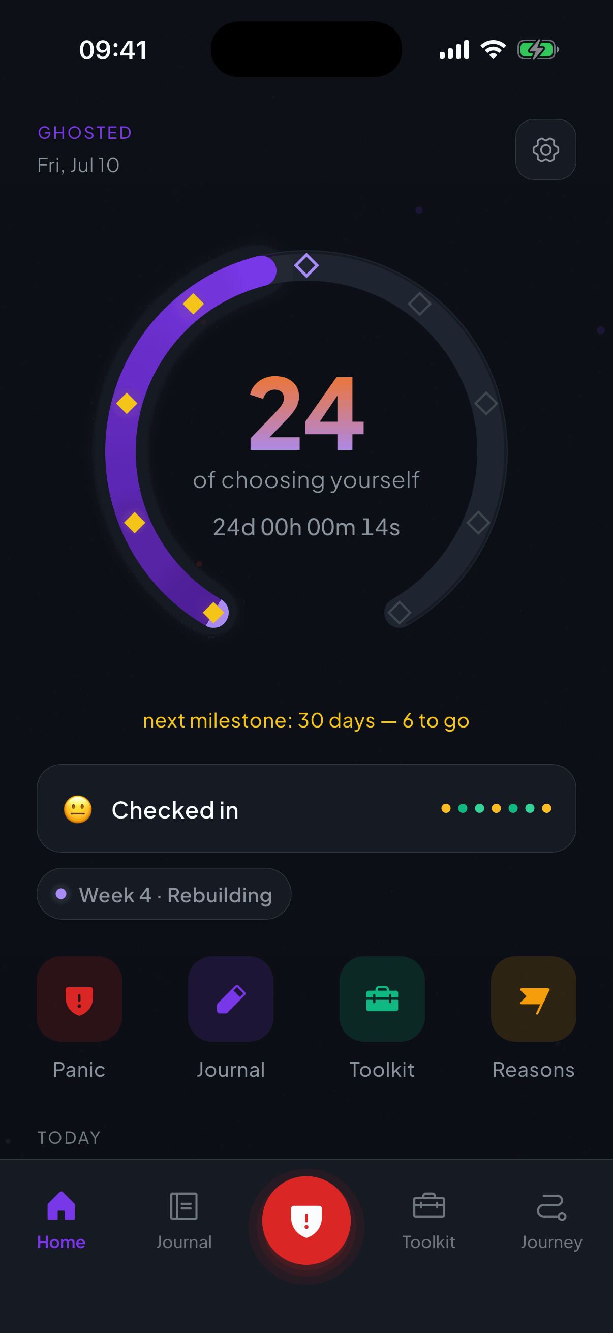 Ghosted's home screen: a glowing violet healing ring around a large gradient day number, day 23 of choosing yourself, with a live counter ticking beneath and milestone gems around the ring.