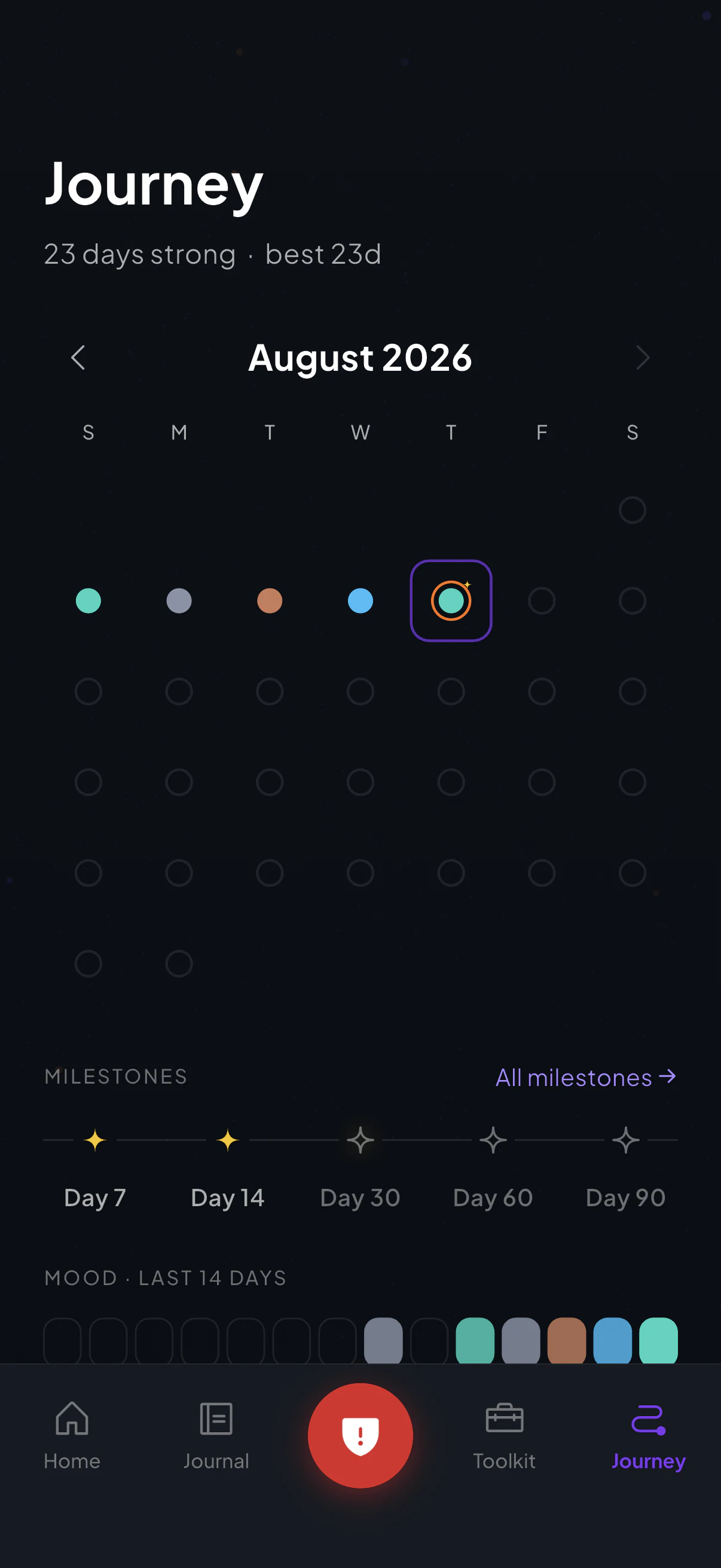 The Journey screen: a calendar of nightly mood dots, a row of gold milestone stars, and a band of mood colour from the last 14 days.