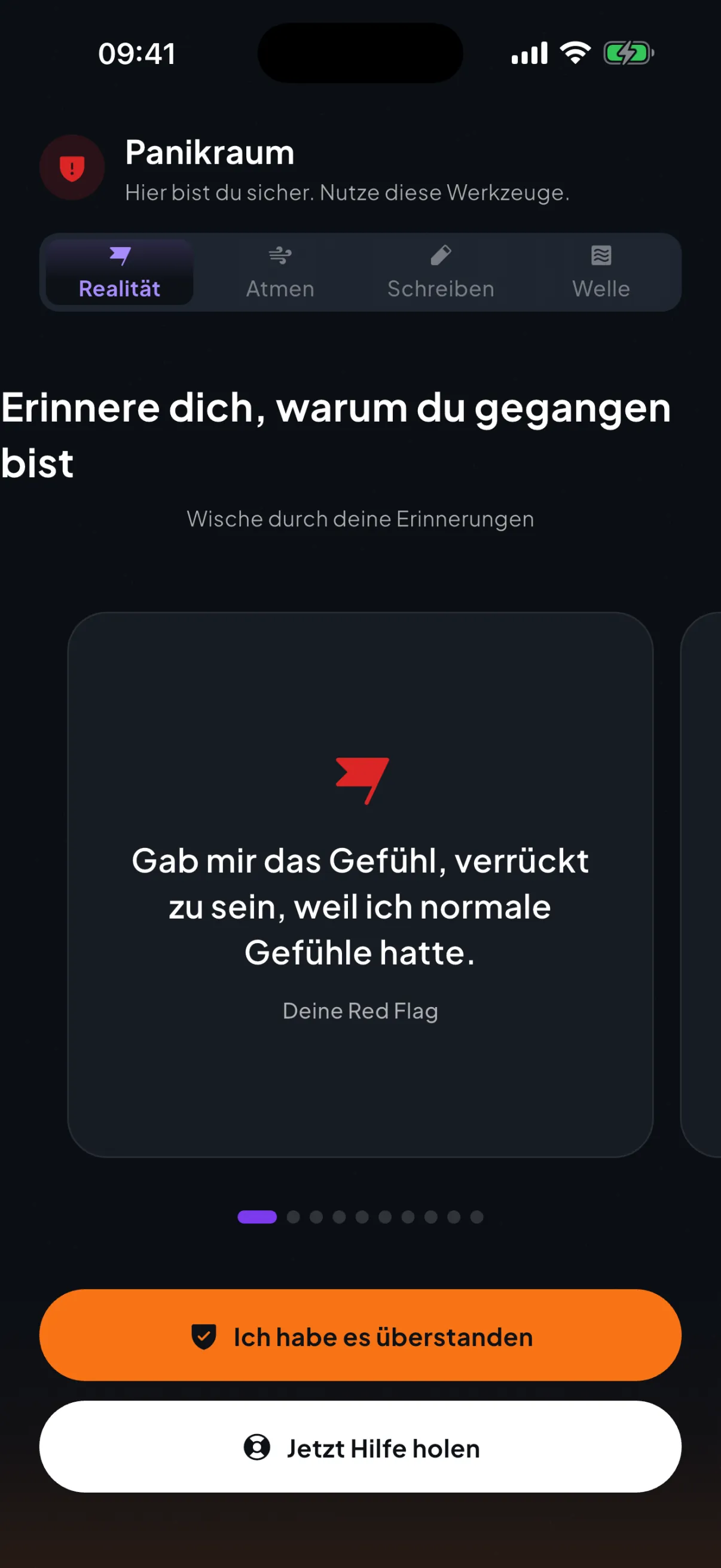 Der Panikraum von Ghosted mit ausgeblendeter Navigationsleiste: der Tab Realität geöffnet auf einer deiner eigenen Red-Flag-Karten, über den festen Knöpfen ‚Ich habe es überstanden‘ und ‚Jetzt Hilfe holen‘.