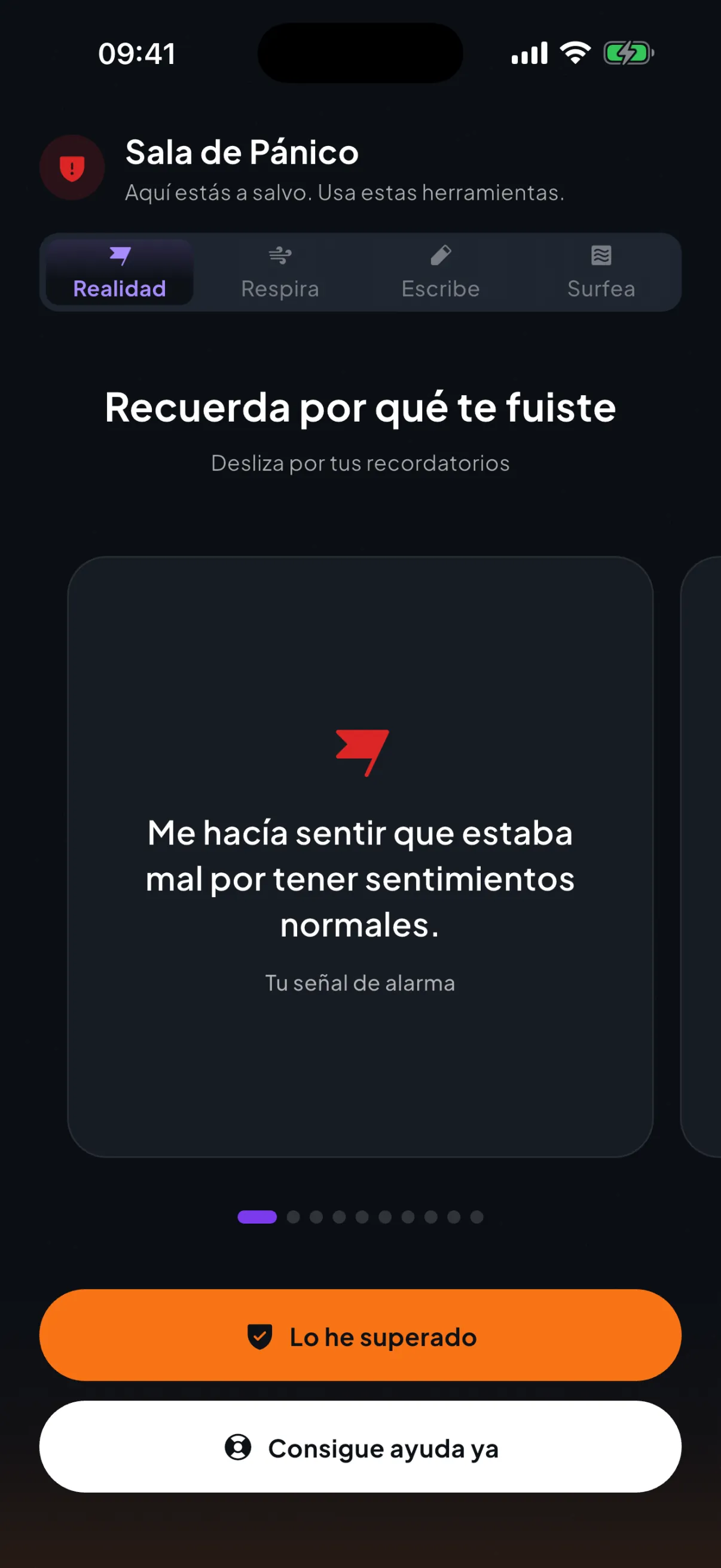 La sala de pánico de Ghosted con la barra de navegación oculta: la pestaña Realidad abierta en una de tus propias tarjetas de señales de alarma, sobre los botones fijos «Lo he superado» y «Consigue ayuda ya».