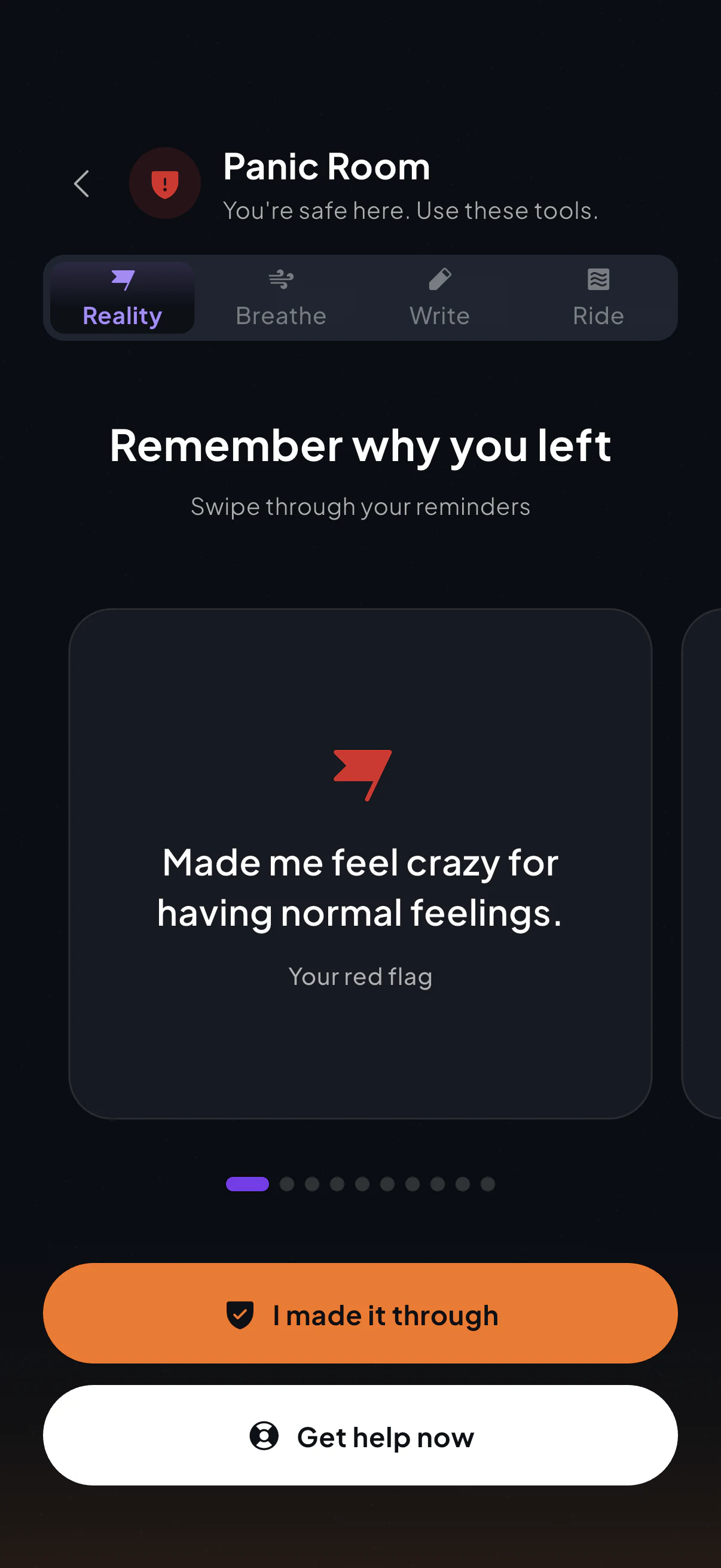 The panic room's Reality tab: a red-flag card from the reasons list, written back when the ending was fresh.