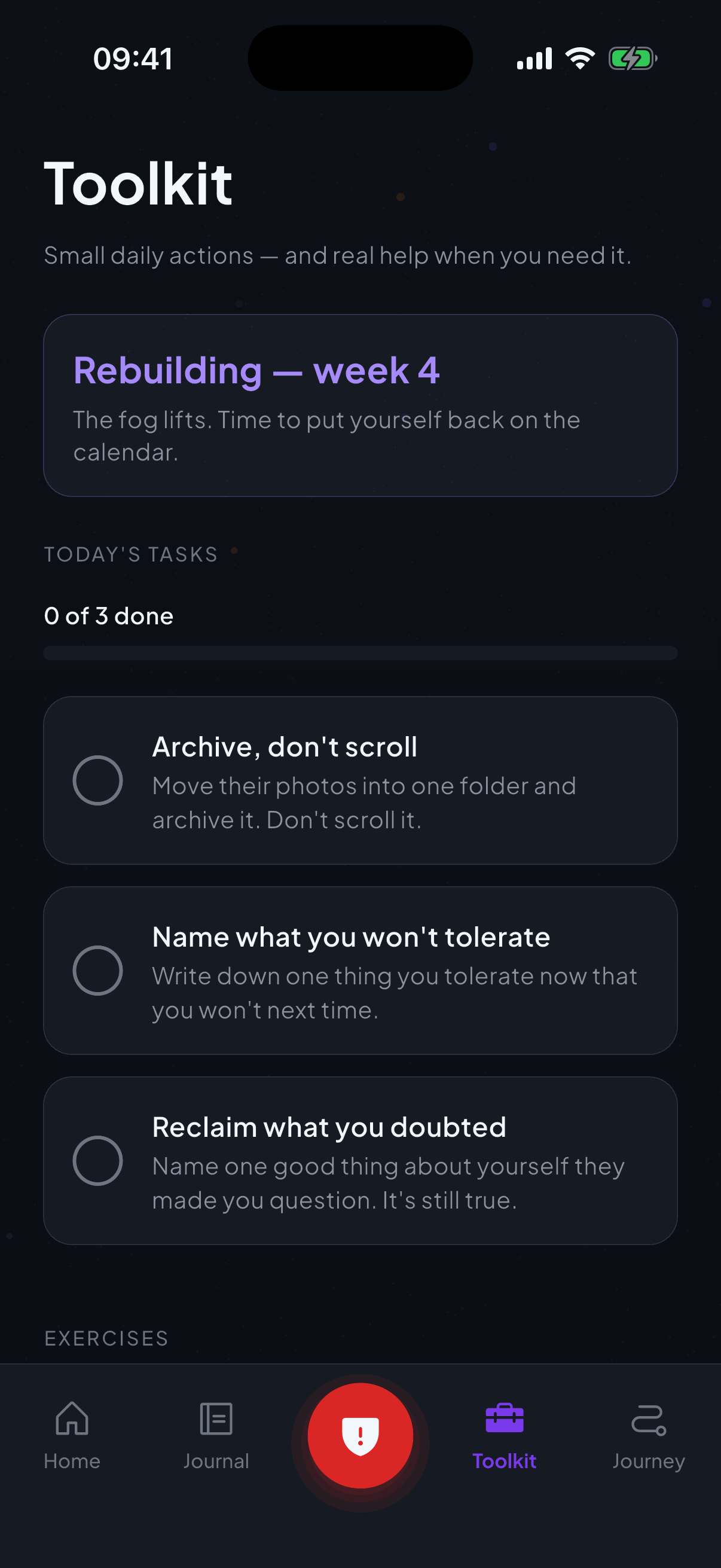 The Toolkit tab showing today's three small tasks for the Rebuilding phase and a 'when you need more' section.