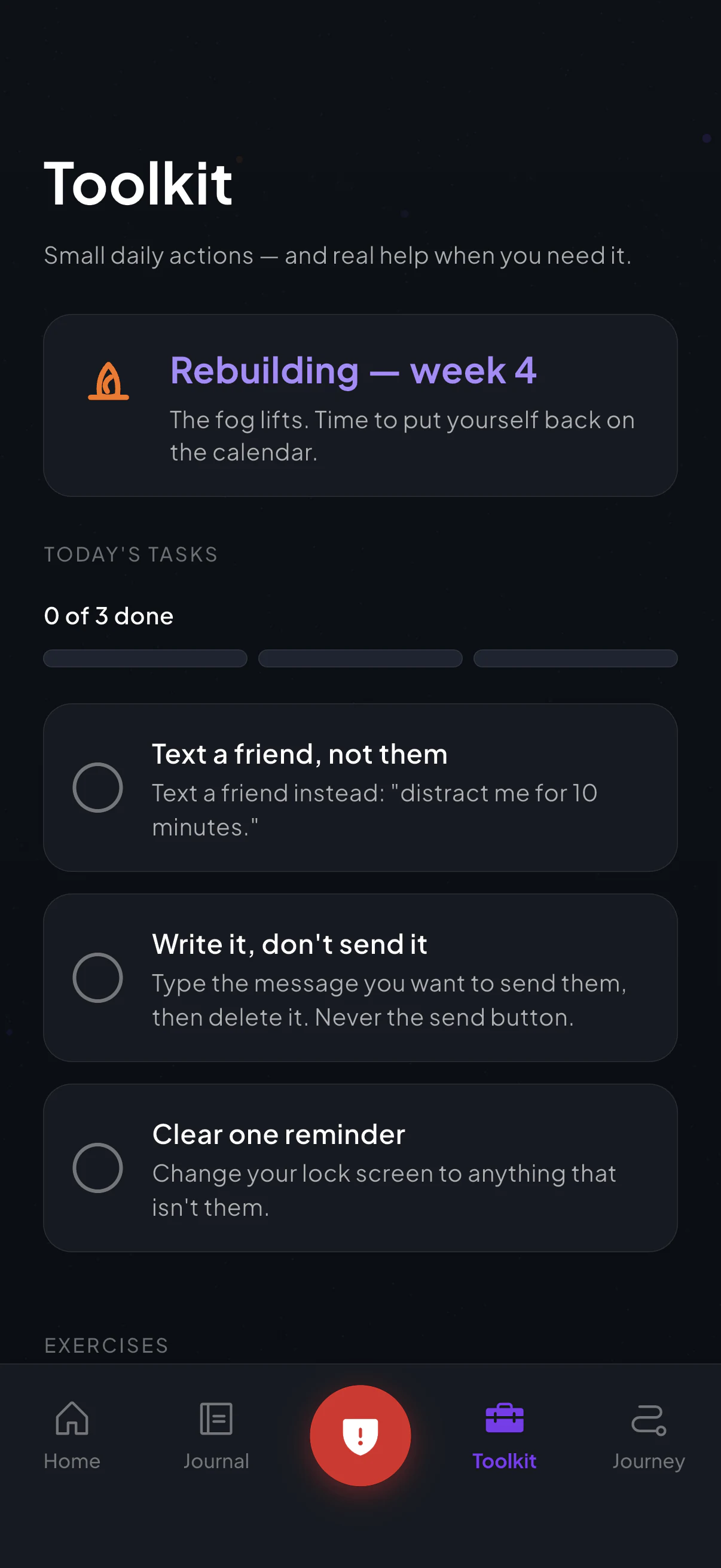 The Toolkit tab: a flame-lit 'Rebuilding — week 4' pane above three unticked daily tasks marked 0 of 3 done by three logs.
